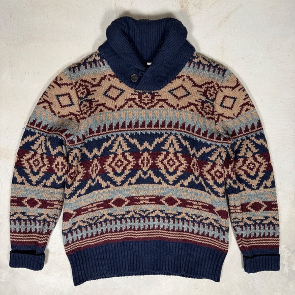 Schott Bros. Other - Schott Bros Mens M Wool Blend Shawl Collar Southwestern Fair Isle Sweater Navy